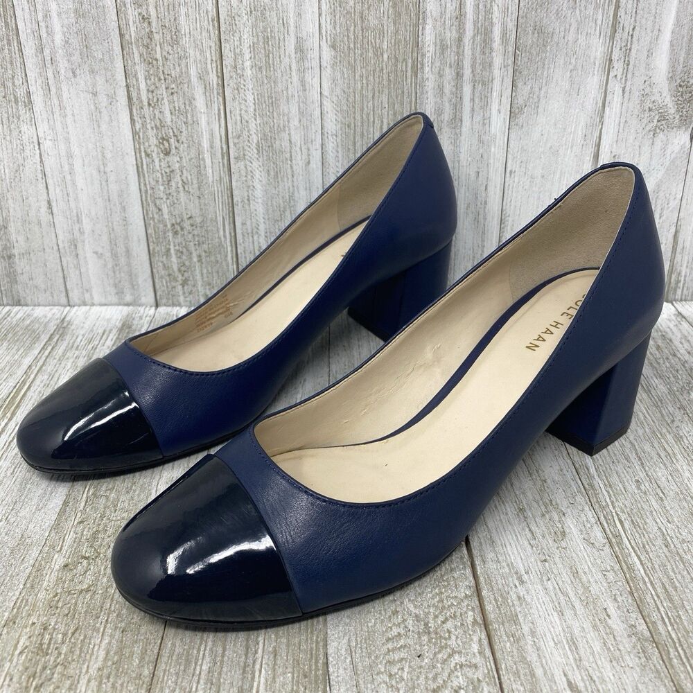 Cole Haan Dawna Pumps Navy Blue Leather Block Heel Cap Toe Black Shoes Size 6 B - Picture 2 of 11
